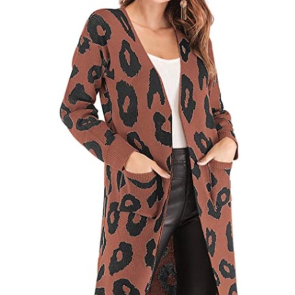 Leopard Print Sweater Cardigan Duster w/ Pockets - Picture 3 of 5